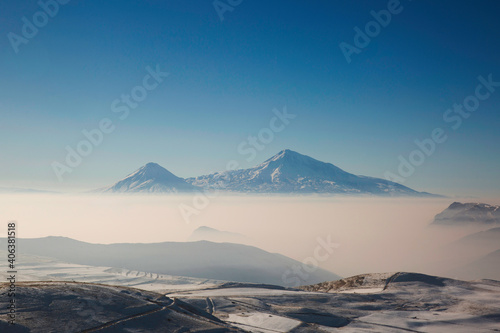 View of the snowy peaks of Mount Ararat from Armenia side