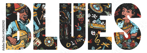 Blues slogan. Beautiful black jazz woman, saxophone. Old school music tattoo vector style. Musical legend, crossroads and devil. Elderly Afro American bluesman playing slide guitar