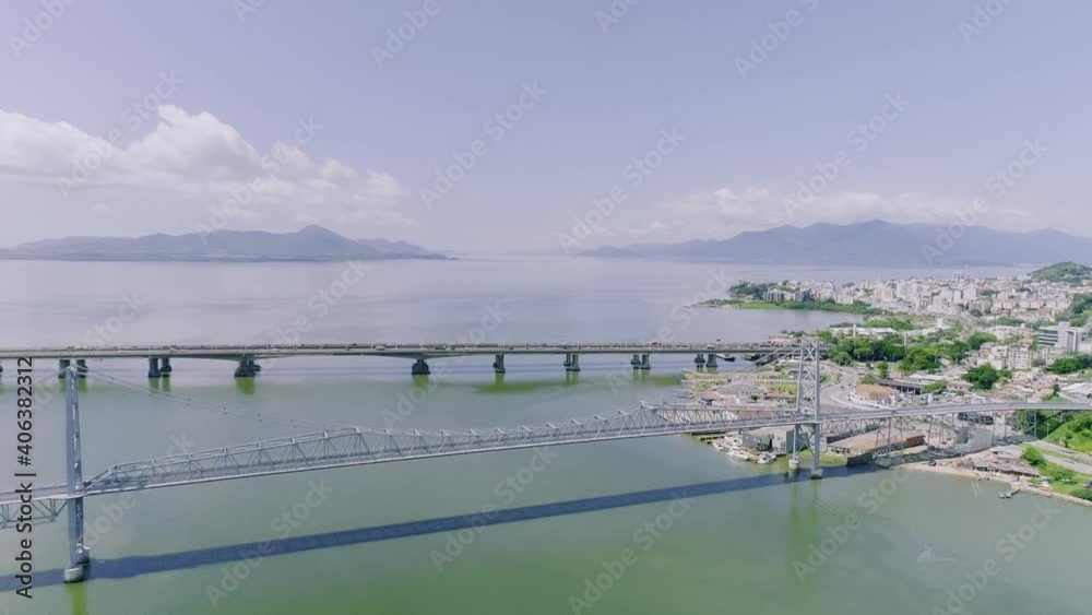 Aerial view of cable-stayed bridge Hercilio Luz. 4K.