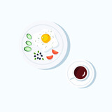 Vector breakfast set top view concept. Fried egg, olive, tomato, cucumber, coffee, tea, omelet. Flat illustration in cartoon style.