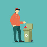 Man throws a garbage in the trash. Vector illustration.