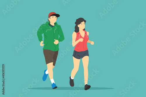 Man and woman jogging. Vector illustration.