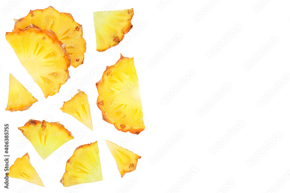 Naklejka premium pineapple slices isolated on white background . Top view with copy space for your text. Flat lay