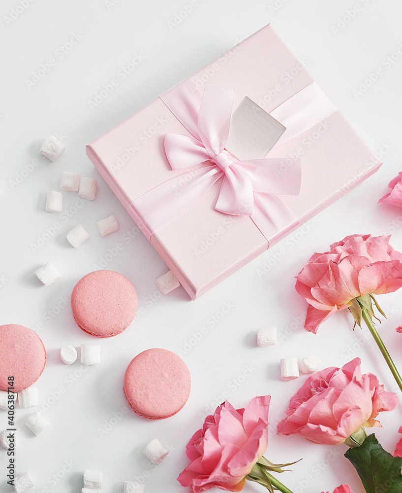 Valentine's day greeting card. Flowers and gifts boxes on white background. Happy birthday and mother's day template. Valentine's day greeting card. Flowers and gifts boxes on white background. Happy birthday and mother's day template.