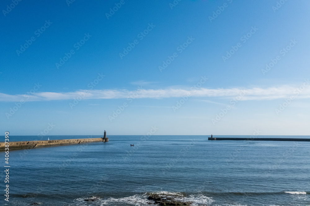 Tynemouth UK - 29th Sept 2020: Tynemouth Harbour and Tyne River estuary Tynemouth UK - 29th Sept 2020: Tynemouth Harbour and Tyne River estuary