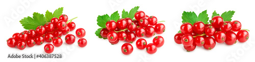 Red currant berries with leaf isolated on white background. Set or collection