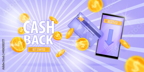 Cashback vector money saving program, reward offer web banner with smartphone, credit bank card, dollar coins. Online shopping bonus app concept. Cashback program promotion finance purple illustration