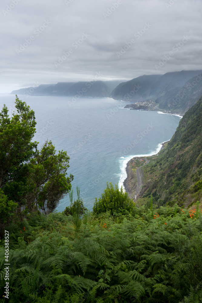 Viewpoint on Madeira on steep mountain cliffs