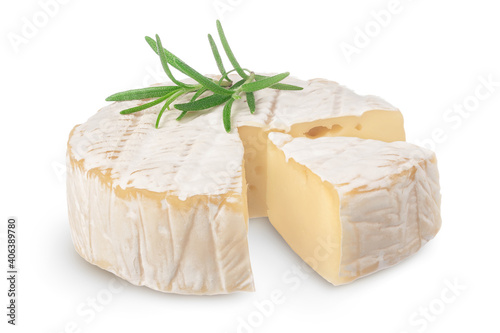 Camembert cheese with rosemary isolated on white background with clipping path and full depth of field