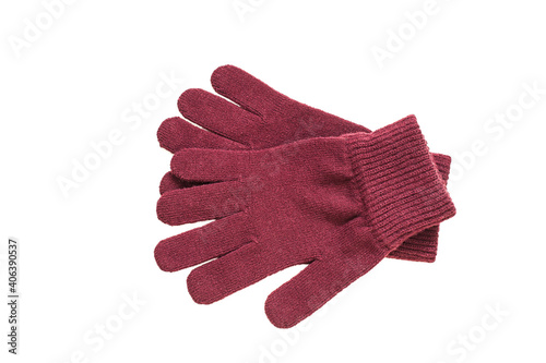 Pair of dark red woolen ladies gloves isolated on white background, female accessory