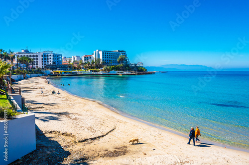 Fototapeta Naklejka Na Ścianę i Meble -  Walking on the Kadinlar Beach in Kusadasi Town of Turkey.