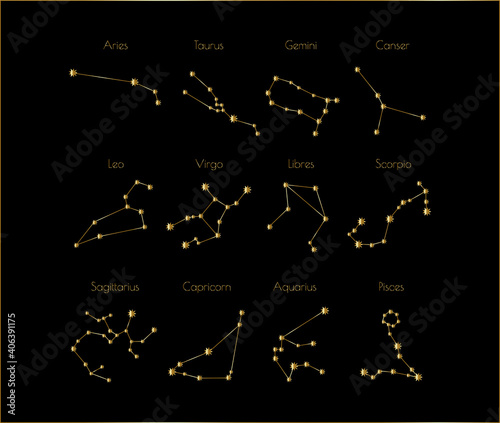 zodiac constellations vector illustration, zodiac gold constellations