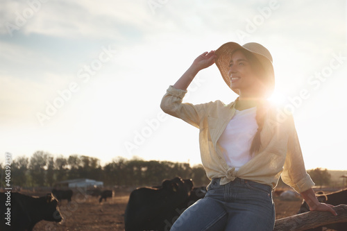 Young woman sitting on fence near cow pen outdoors. Animal husbandry