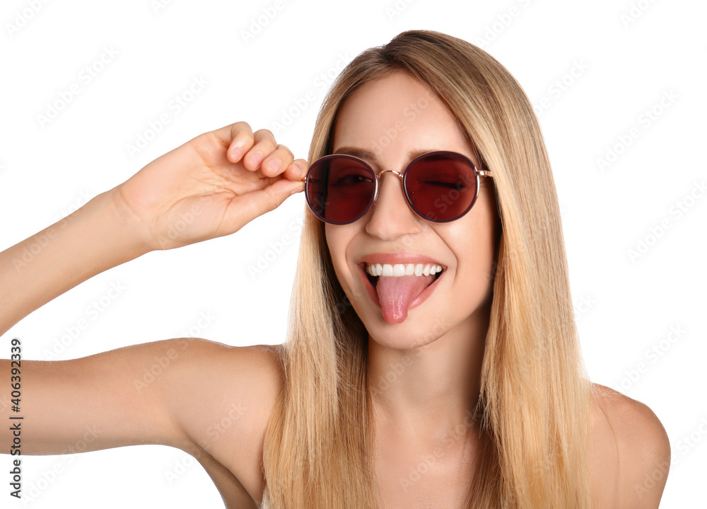 Beautiful woman in stylish sunglasses on white background Beautiful woman in stylish sunglasses on white background
