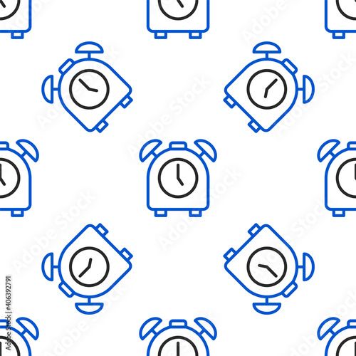 Line Alarm clock icon isolated seamless pattern on white background. Wake up, get up concept. Time sign. Colorful outline concept. Vector.