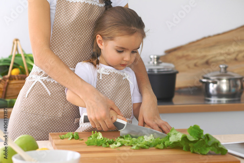 Mother and little daughter cooking tasty breakfast of fresh salad. Little helper slicing and mixing tomatoes and greenery. Concept of happy family in the kitchen or healthy meal