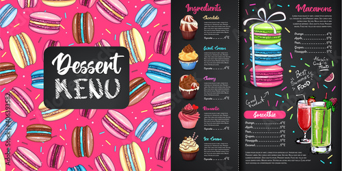 Chalk drawing dessert menu design with sweet french macaroons