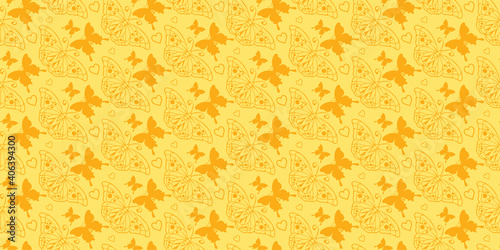 Decorative background pattern. Orange butterflies on a yellow background. Seamless wallpaper texture. Vector image