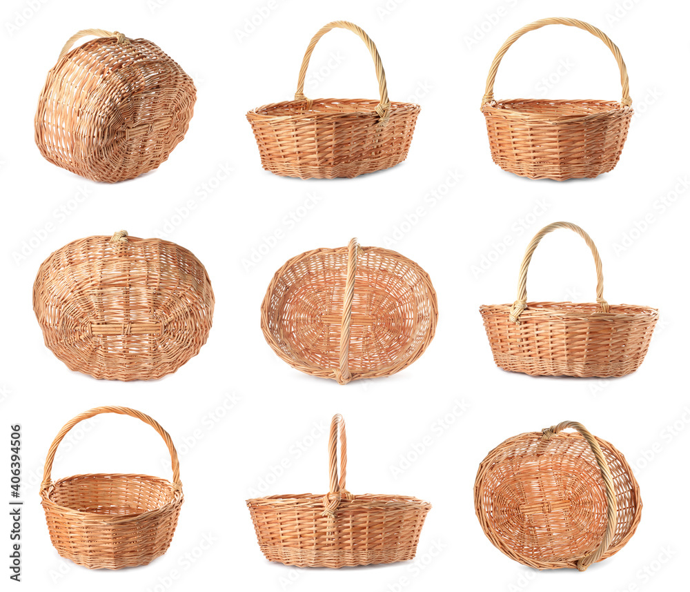 Set with empty wicker baskets on white background
