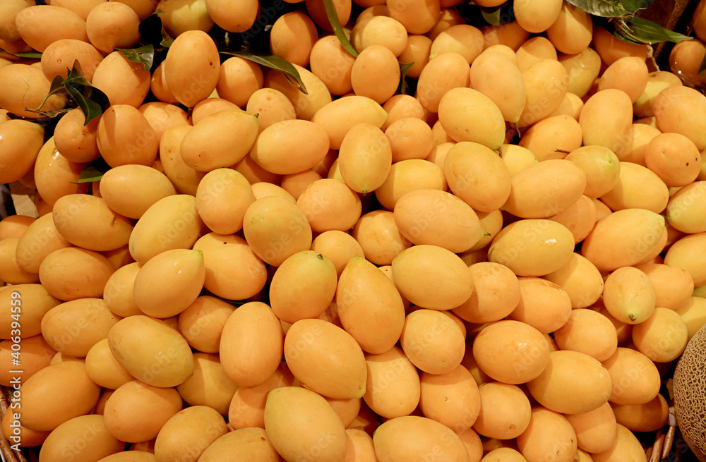 Pile of Vibrant Orange Yellow Fresh Ripe Marian Plum or Ma-Prang Fruits For Sale in the Market Pile of Vibrant Orange Yellow Fresh Ripe Marian Plum or Ma-Prang Fruits For Sale in the Market