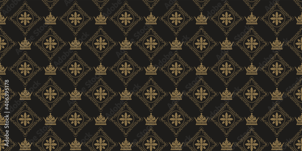 Royal background pattern. Ornament with gold elements on a black background. Seamless wallpaper texture. Vector illustration Royal background pattern. Ornament with gold elements on a black background. Seamless wallpaper texture. Vector illustration