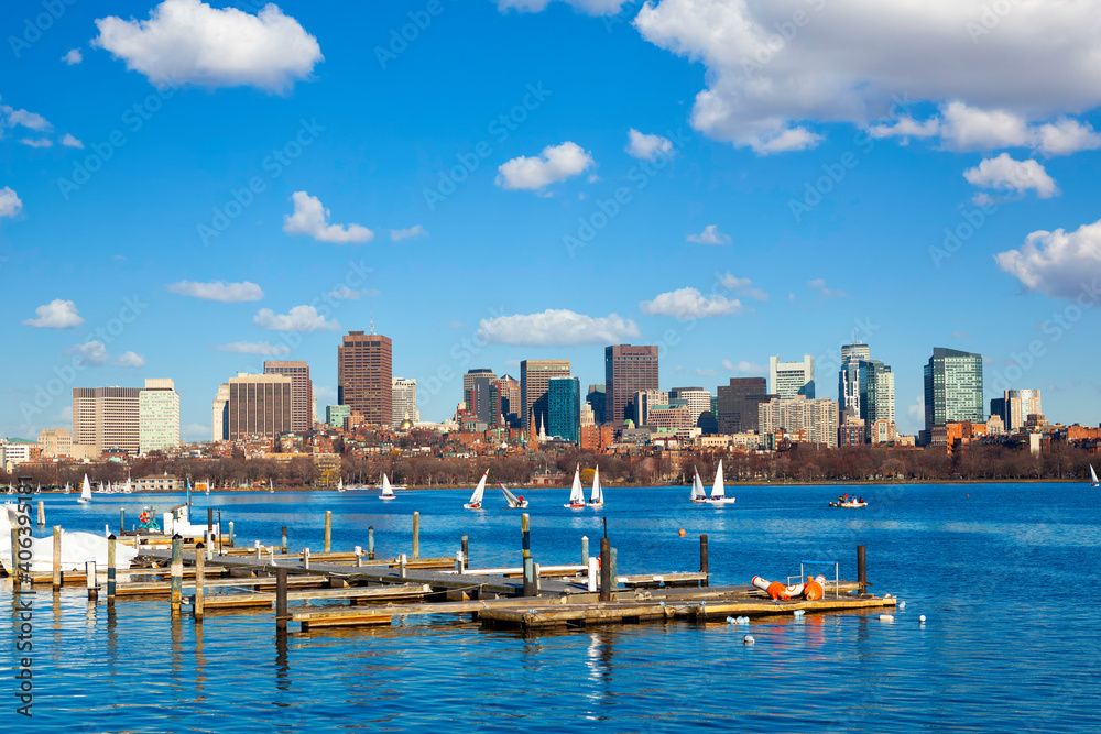 Boston skyline at Back Bay district over the Charles River, US
