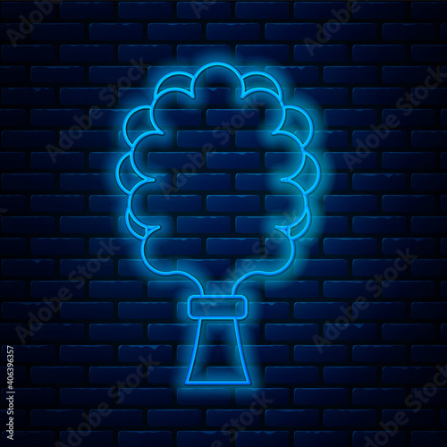 Glowing neon line Sauna broom icon isolated on brick wall background. Broom from birch twigs, branches for Russian steam bath, sauna, washhouse. Vector.