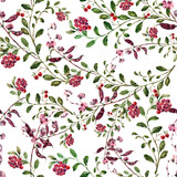 Watercolor branch Cranberry on dark background. Monochrome seamless pattern.
