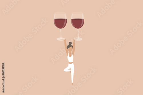 FIT woman doing yoga with wine glass. Healthy, balances lifestyle with exercise and alcohol. Love for wine.