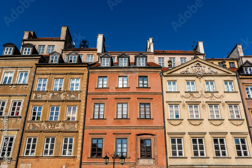 Facades of colorful old Medieval houses in Stare Miasto  Warsaw Old Town   Warsaw  Poland - Europe