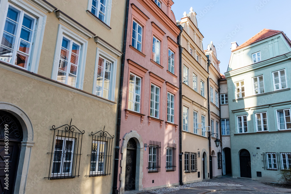 Facades of colorful old Medieval houses in Stare Miasto (Warsaw Old Town), Warsaw, Poland - Europe