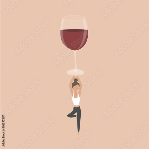 FIT woman doing yoga with wine glass. Healthy, balances lifestyle with exercise and alcohol. Love for wine.