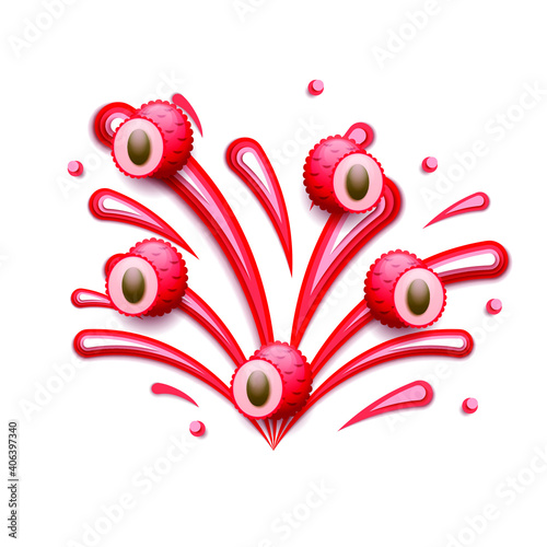 Abstract Paper Cut Ilustration Water Splash Drops Color Red With lychee Background Vector Design Style