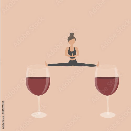 FIT woman doing yoga with wine glass. Healthy, balances lifestyle with exercise and alcohol. Love for wine.