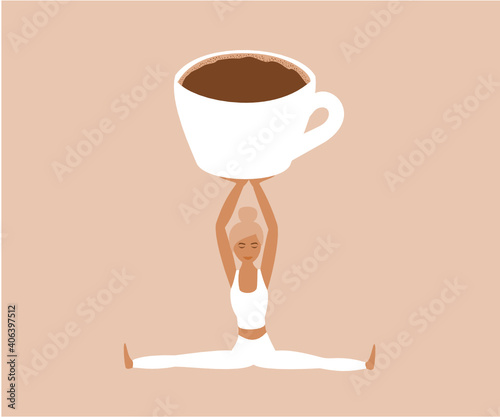 Morning coffee. Caffeine addiction. Women doing yoga on a cup of coffee. Morning routine