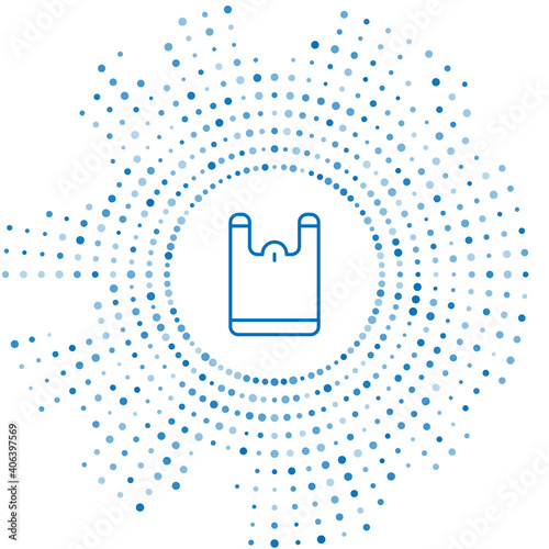 Blue line Plastic bag icon isolated on white background. Disposable cellophane and polythene package prohibition sign. Abstract circle random dots. Vector.