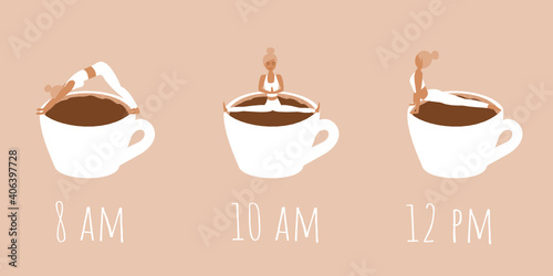 Morning coffee. Caffeine addiction. Women doing yoga on a cup of coffee. Morning routine