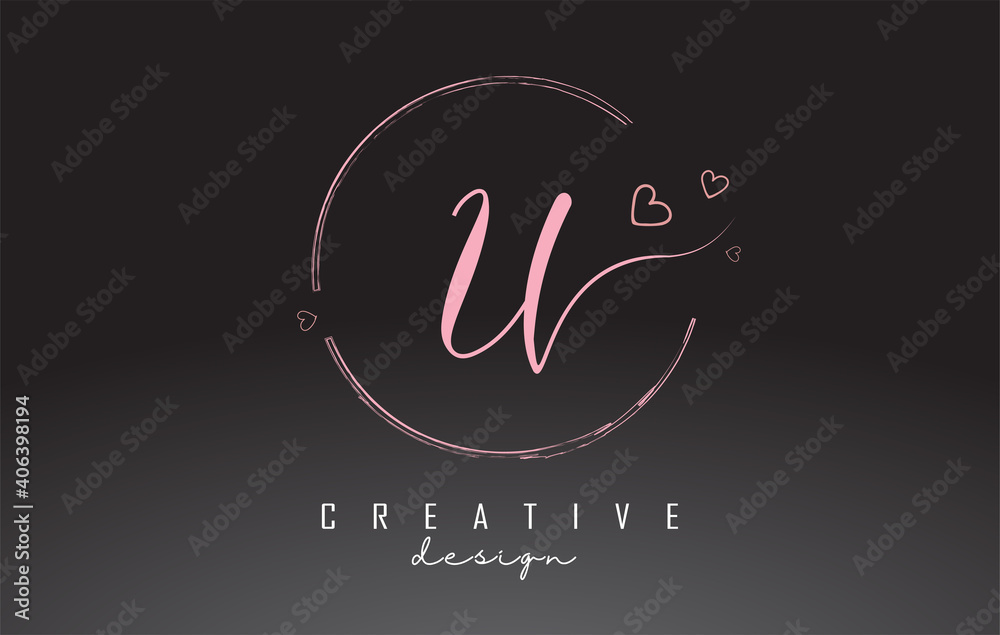 Handwritten U Letter Logo Design with Dust Pink Watercolor Ring and Outline Hearts. Handwritten U Letter Logo Design with Dust Pink Watercolor Ring and Outline Hearts.