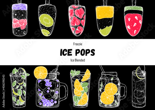 Popsicle ice cream, hand drawn vector illustration. Ice tea and ice cream. Summer food and drink. Sketch illustration for menu design. Ice pops collection.