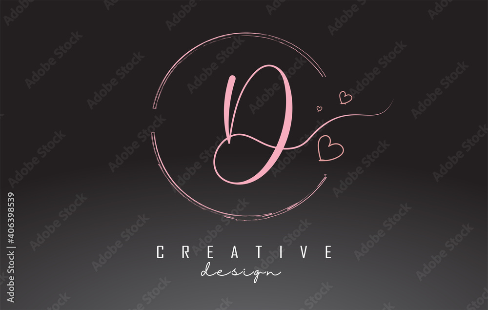 Handwritten D Letter Logo Design with Dust Pink Watercolor Ring and Outline Hearts. Handwritten D Letter Logo Design with Dust Pink Watercolor Ring and Outline Hearts.