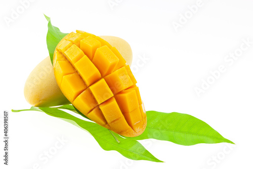 Mango fruit with green leaf isolated on white background,Business food and healthy food concept