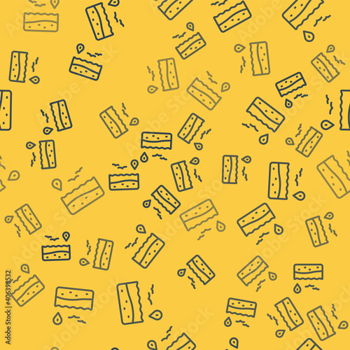 Blue line Location with beach icon isolated seamless pattern on yellow background. Tropical beach landscape. Good sunny day. Vector.