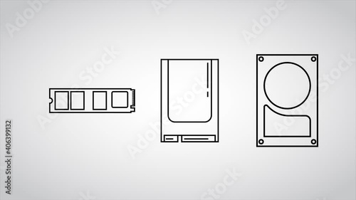 Set of Hard Drives Types, SSD, HDD, 4K Flat Video Animation