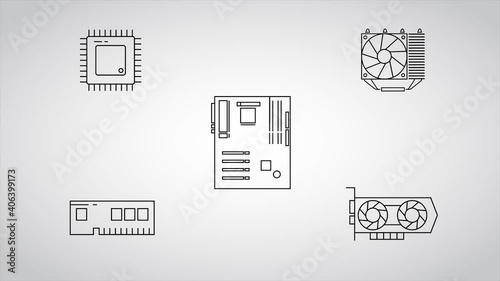 Set of Hardware Computer Components 4k Animation 