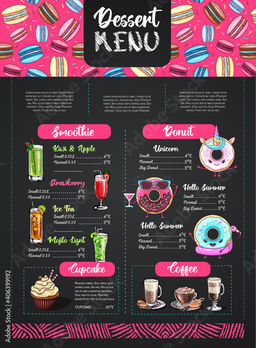 Chalk drawing dessert menu design with sweet french macaroons