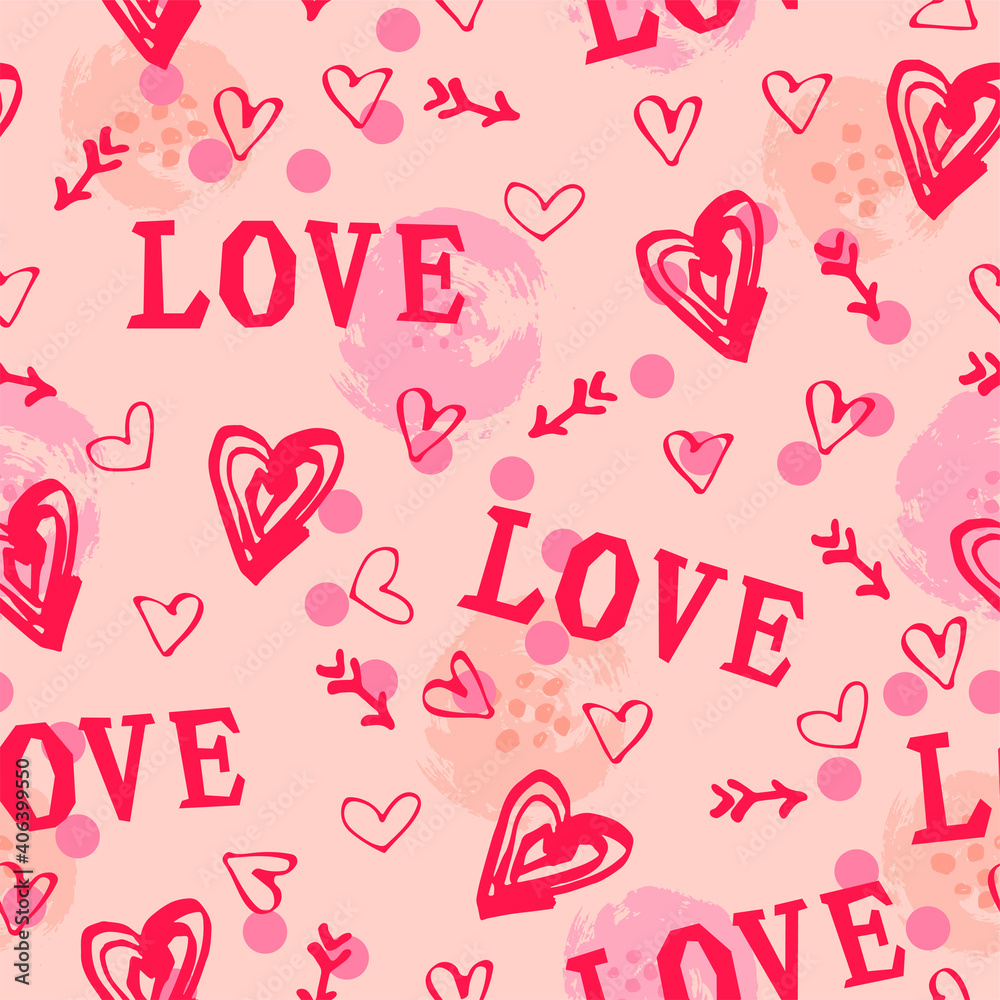 Pink seamless pattern with word Love, hand drawn style hearts. Vector illustration for textiles and fabrics, wallpapers, Valentine's day.
