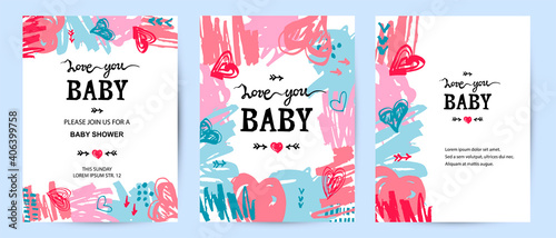 Backdrops with hand drawn sketch style hearts and scribble, lettering Love You Baby. Place for text. Great for Valentine's day, baby shower, love you card, Mother's day. Vector illustration.