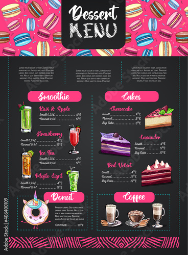 Chalk drawing dessert menu design with sweet french macaroons and cakes