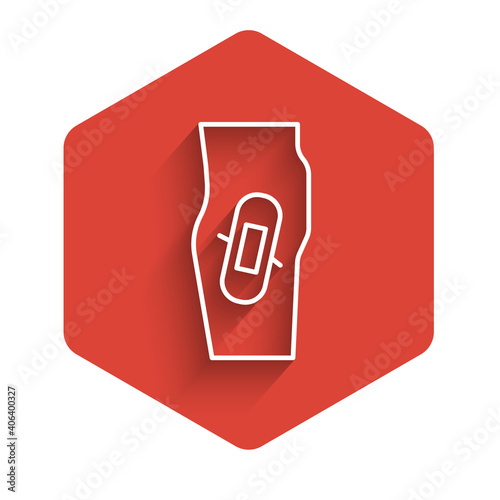 White line Plaster on leg icon isolated with long shadow. Red hexagon button. Vector.