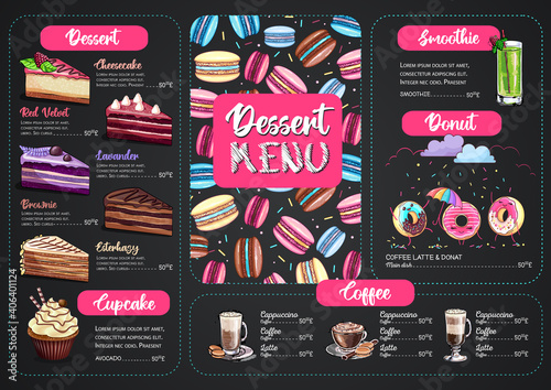 Chalk drawing dessert menu design with sweet french macaroons and cakes